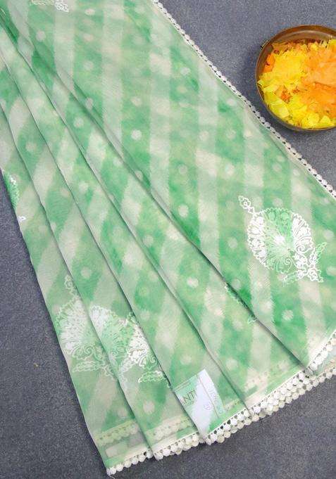 Semi Orangza Organza Saree Off White And Green With Allover Ikat Prints Embroidery Buttas And Crocia Lace Border With Embroidered Design For Women