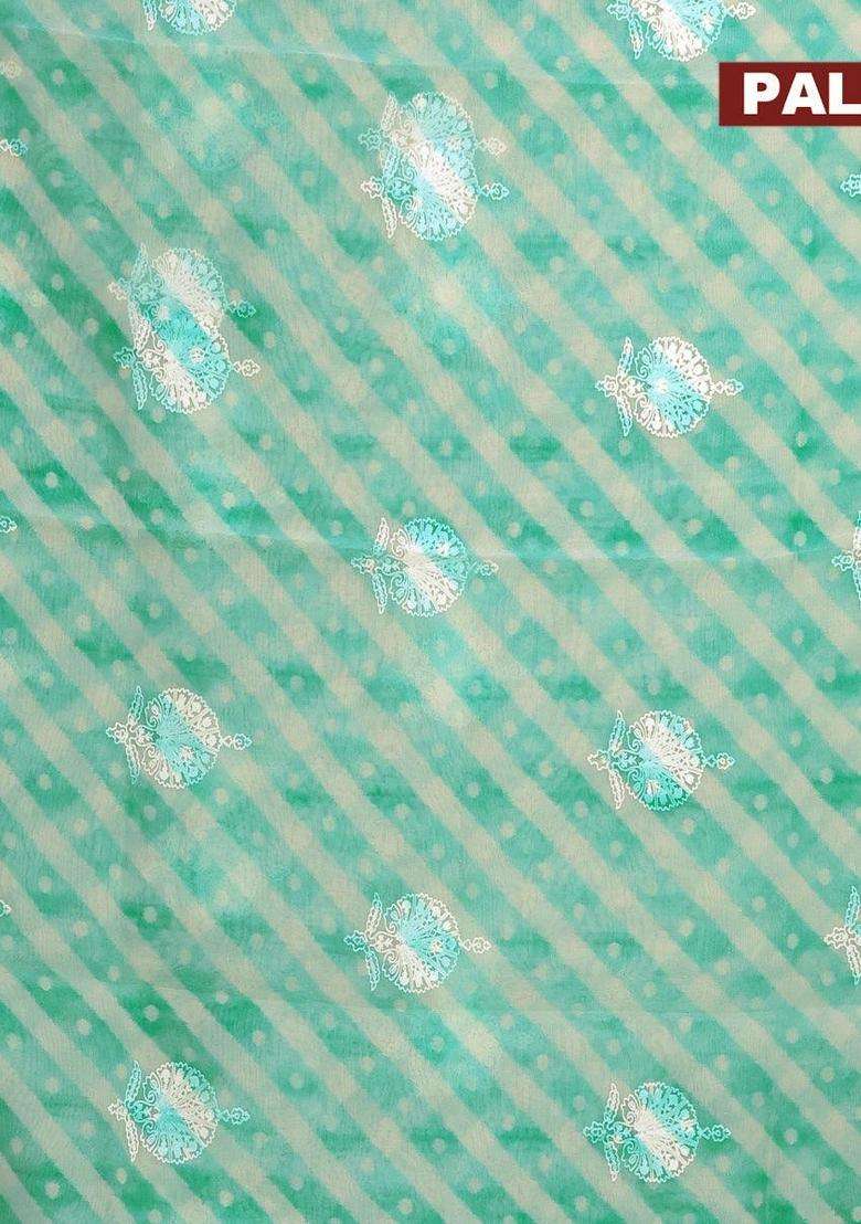 Semi Orangza Organza Saree Off White And Teal Blue With Allover Ikat Prints Embroidery Buttas And Crocia Lace Border With Embroidered Design For Women - Indya