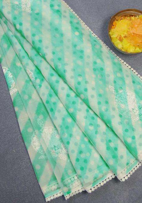 Semi Orangza Organza Saree Off White And Teal Blue With Allover Ikat Prints Embroidery Buttas And Crocia Lace Border With Embroidered Design For Women