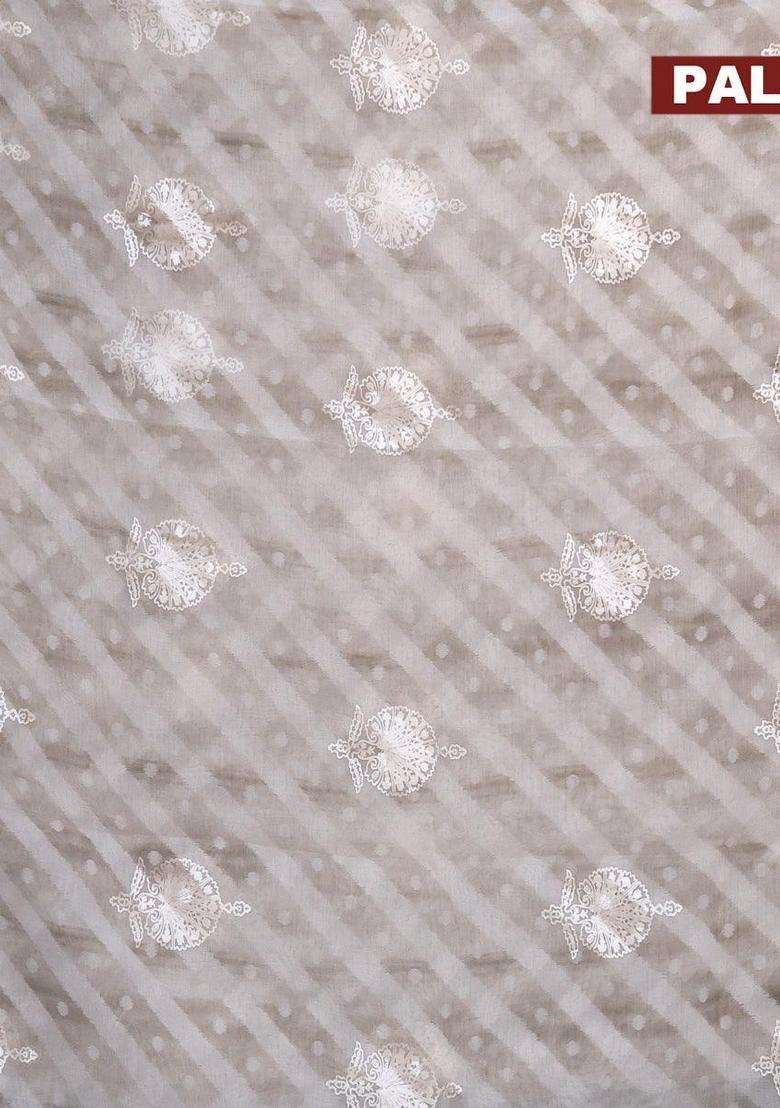 Semi Orangza Organza Saree Off White And Grey With Allover Ikat Prints Embroidery Buttas And Crocia Lace Border With Embroidered Design For Women - Indya