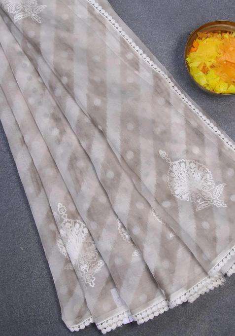 Semi Orangza Organza Saree Off White And Grey With Allover Ikat Prints Embroidery Buttas And Crocia Lace Border With Embroidered Design For Women