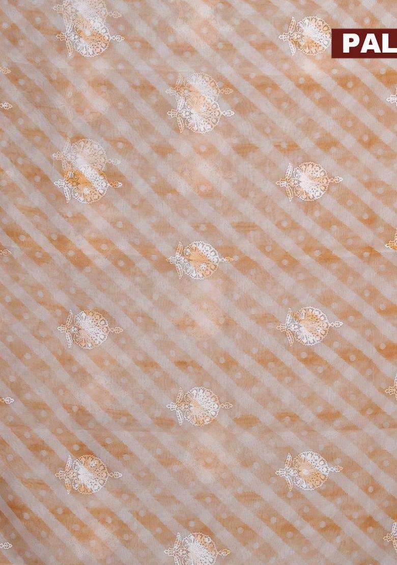 Semi Orangza Organza Saree Off White And Rust Shade With Allover Ikat Prints Embroidery Buttas And Crocia Lace With Embroidered Design For Women - Indya