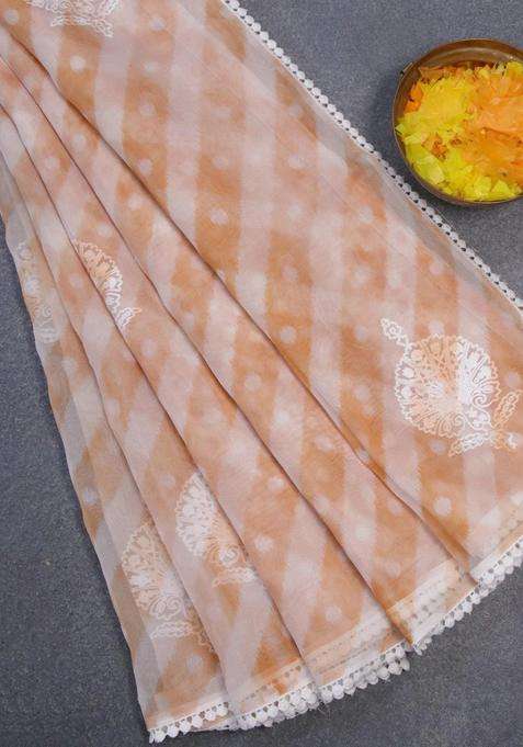 Semi Orangza Organza Saree Off White And Rust Shade With Allover Ikat Prints Embroidery Buttas And Crocia Lace With Embroidered Design For Women