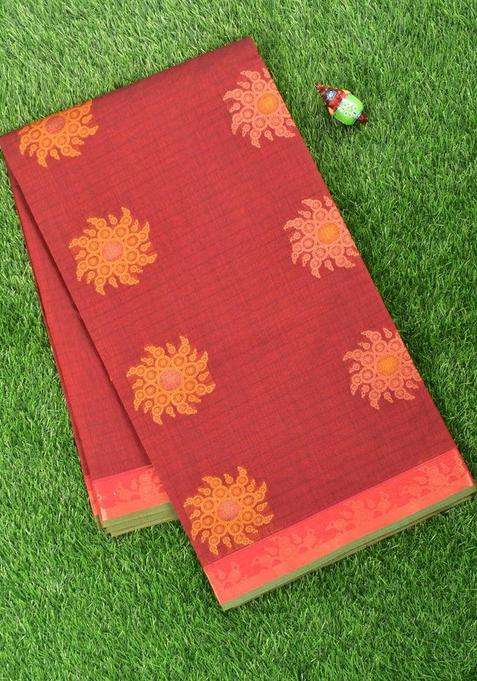 Coimbatore Cotton Maroon Saree With Copper And Thread Woven Buttas And Zari Woven Border With Buttas And Brocade Design For Women
