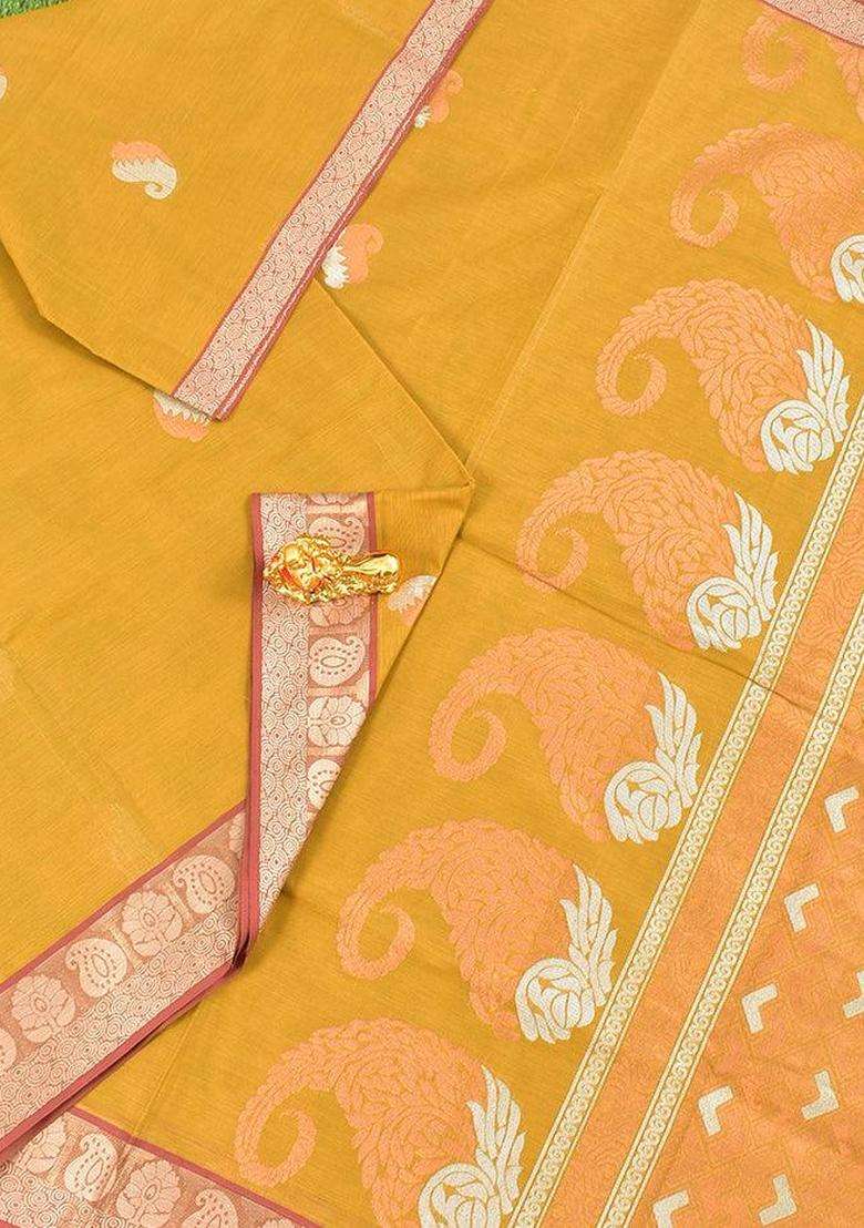 Coimbatore Cotton Mustard Yellow Saree With Copper And Silver Zari Woven Buttas And Thread Woven Border With Buttas And Brocade Design For Women - Indya