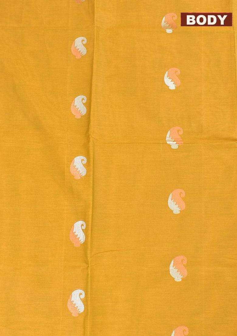Coimbatore Cotton Mustard Yellow Saree With Copper And Silver Zari Woven Buttas And Thread Woven Border With Buttas And Brocade Design For Women - Indya
