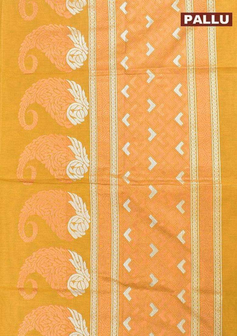 Coimbatore Cotton Mustard Yellow Saree With Copper And Silver Zari Woven Buttas And Thread Woven Border With Buttas And Brocade Design For Women - Indya