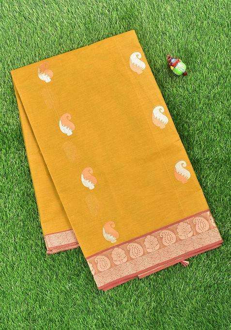 Coimbatore Cotton Mustard Yellow Saree With Copper And Silver Zari Woven Buttas And Thread Woven Border With Buttas And Brocade Design For Women