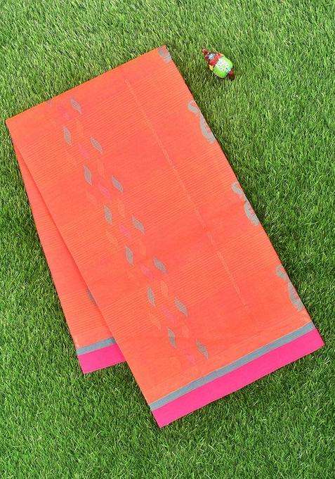Coimbatore Cotton Orange Saree With Copper And Silver Zari Woven Buttas And Simple Border With Buttas And Brocade Design For Women