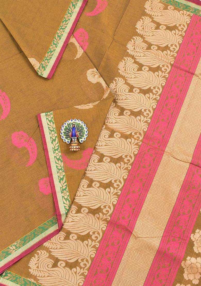 Coimbatore Cotton Khaki Saree With Thread Woven Buttas And Zari Woven Border With Buttas And Brocade Design For Women - Indya