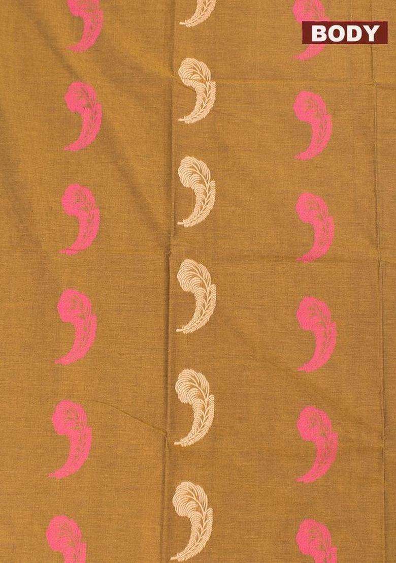 Coimbatore Cotton Khaki Saree With Thread Woven Buttas And Zari Woven Border With Buttas And Brocade Design For Women - Indya