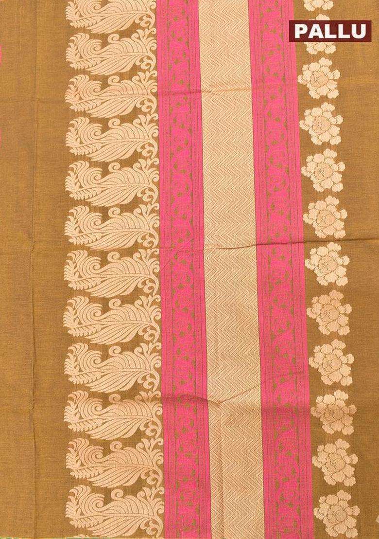 Coimbatore Cotton Khaki Saree With Thread Woven Buttas And Zari Woven Border With Buttas And Brocade Design For Women - Indya