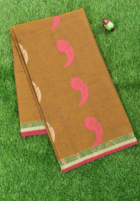 Coimbatore Cotton Khaki Saree With Thread Woven Buttas And Zari Woven Border With Buttas And Brocade Design For Women