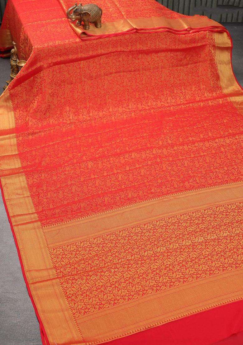 Art Chiffon Saree Red With Allover Zari Woven Brocade Weaves And Zari Woven Border With Buttas And Brocade Design For Women - Indya