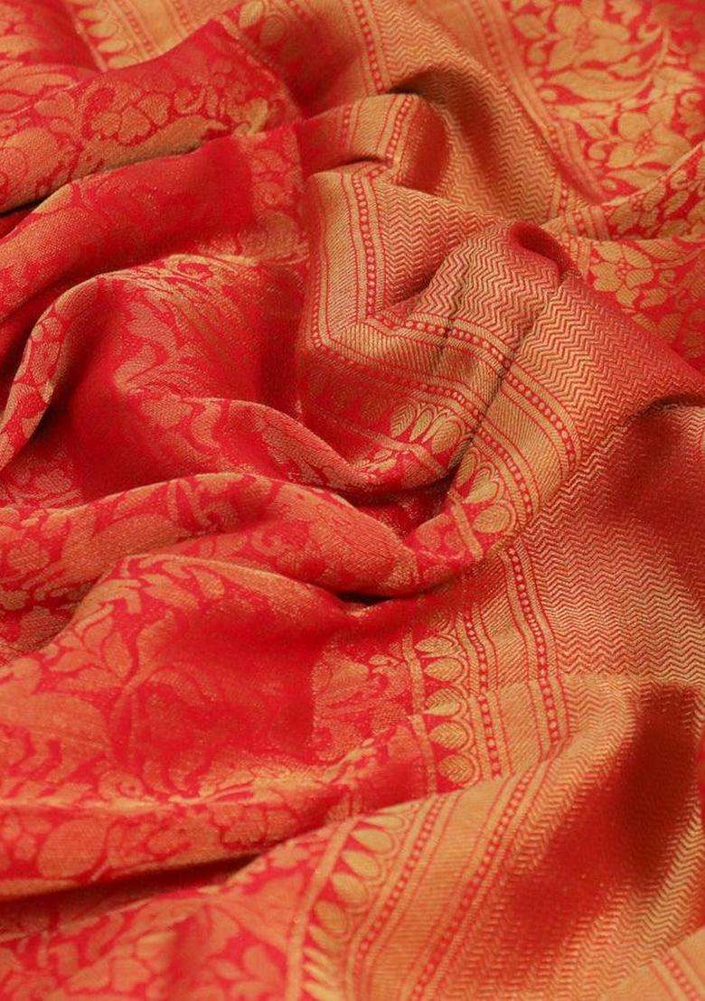 Art Chiffon Saree Red With Allover Zari Woven Brocade Weaves And Zari Woven Border With Buttas And Brocade Design For Women - Indya