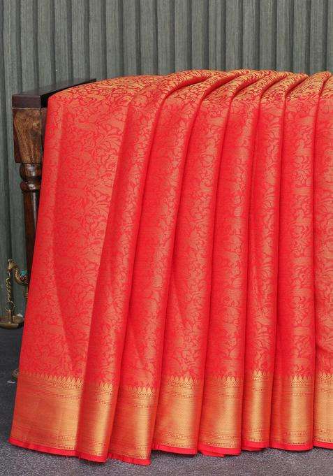 Art Chiffon Saree Red With Allover Zari Woven Brocade Weaves And Zari Woven Border With Buttas And Brocade Design For Women