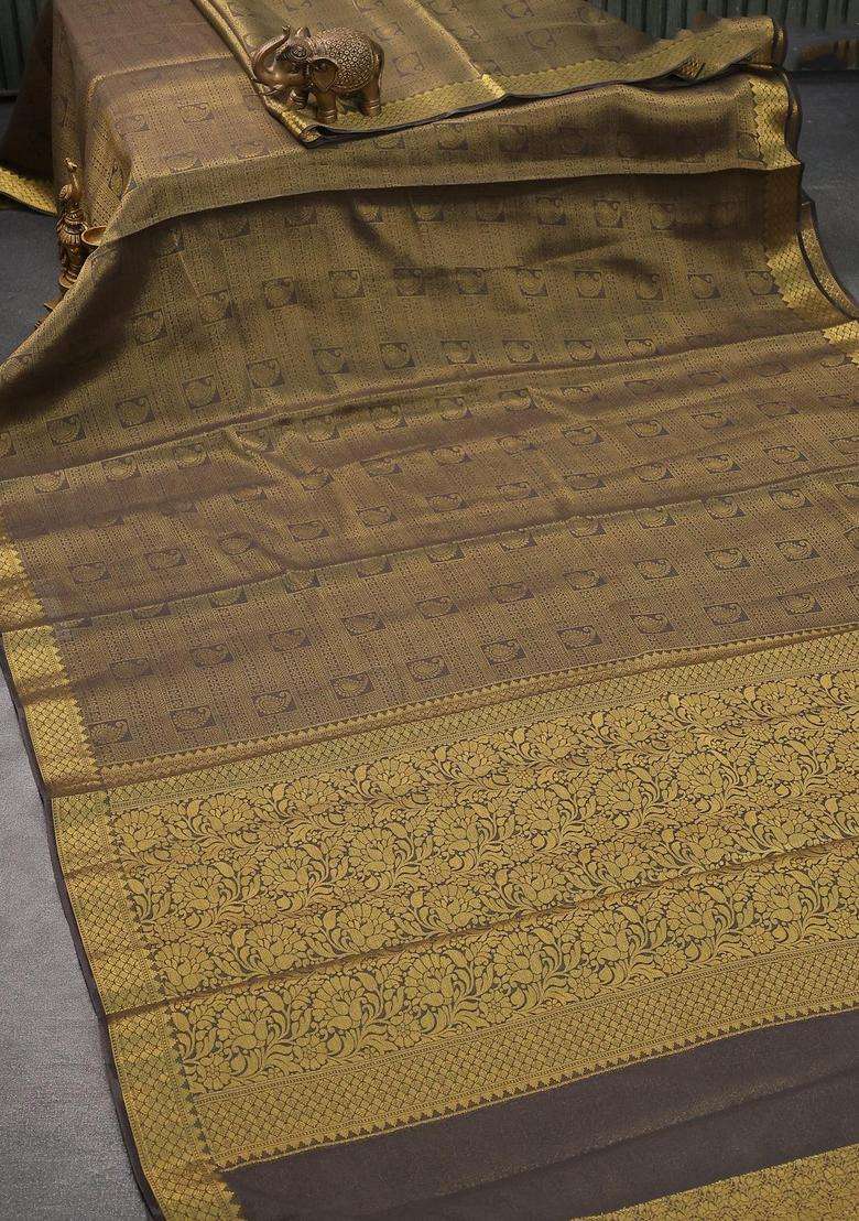 Art Chiffon Saree Grey Shade With Allover Zari Woven Brocade Weaves And Zari Woven Border With Buttas And Brocade Design For Women - Indya