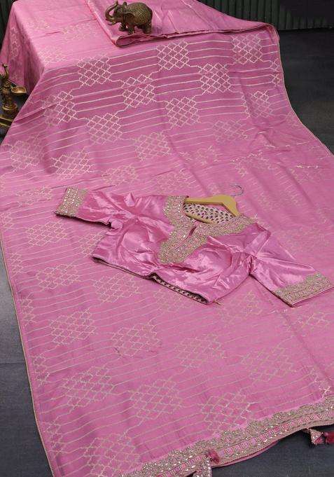 Banarasi Munga Tussar Saree Light Pink With Allover Zari Woven Geometric Weaves And Lace Work Border Embroidered Readymade Blouse For Women