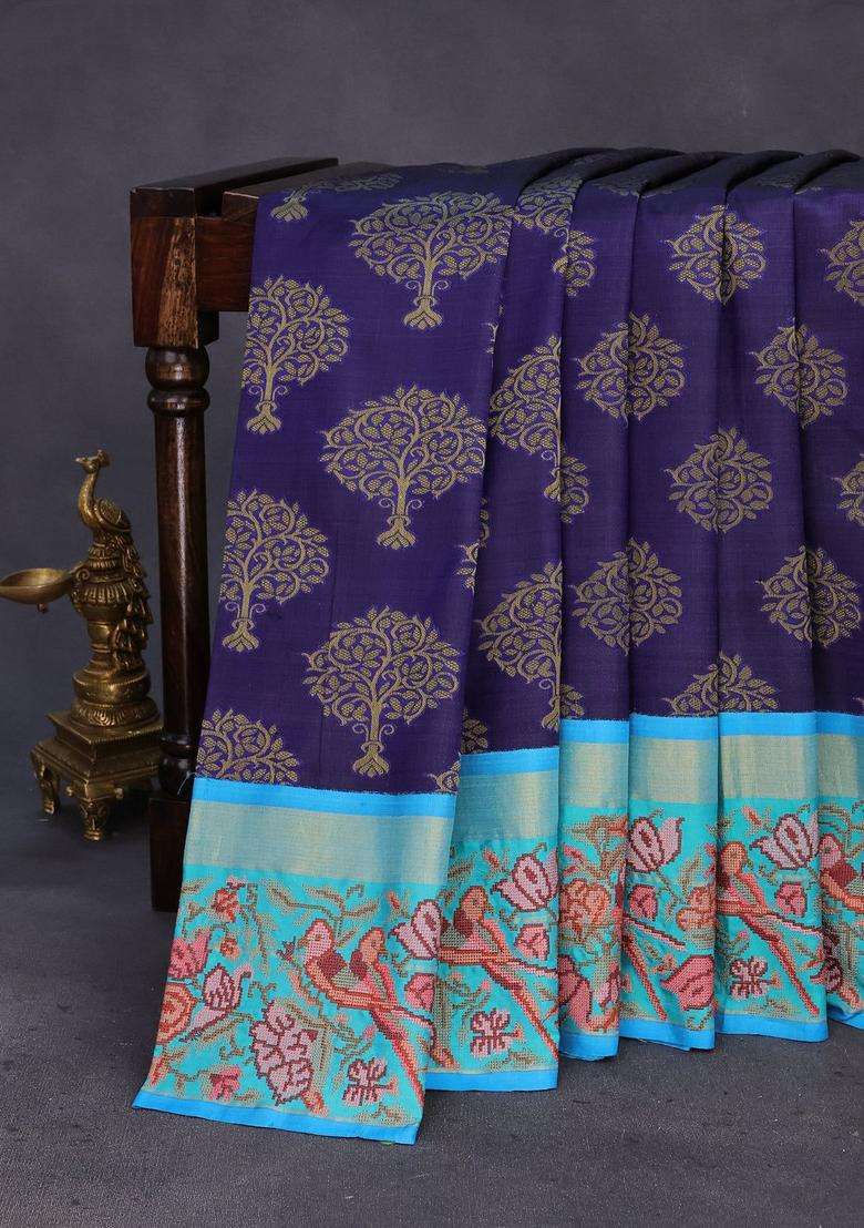 Pure Kanchipuram Silk Saree Dark Blue And Teal Blue With Thread Woven Buttas And Zari Woven Embroidery Work Border With Embroidered Design For Women - Indya