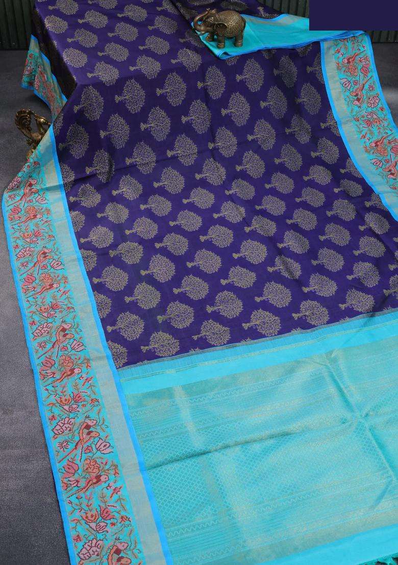 Pure Kanchipuram Silk Saree Dark Blue And Teal Blue With Thread Woven Buttas And Zari Woven Embroidery Work Border With Embroidered Design For Women - Indya