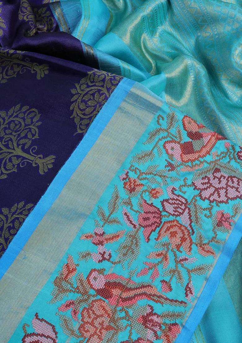 Pure Kanchipuram Silk Saree Dark Blue And Teal Blue With Thread Woven Buttas And Zari Woven Embroidery Work Border With Embroidered Design For Women - Indya