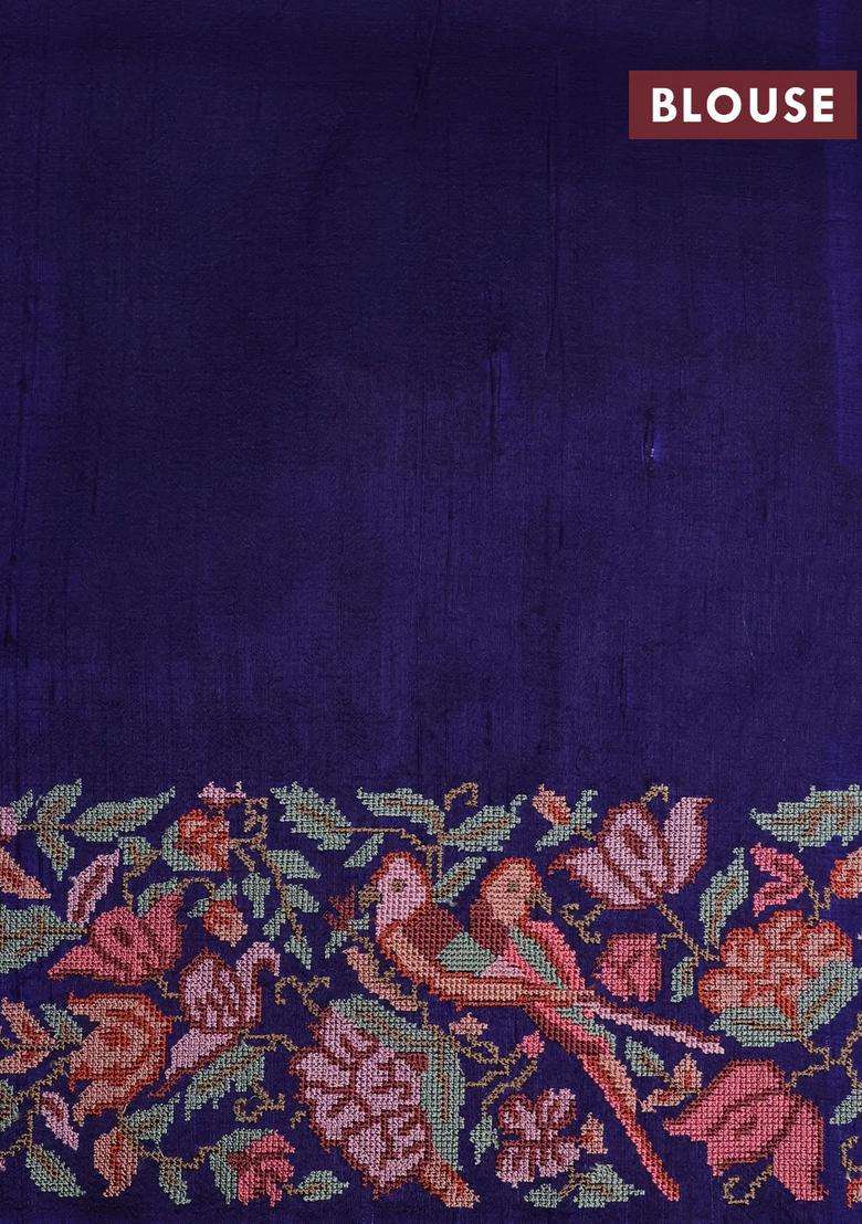 Pure Kanchipuram Silk Saree Dark Blue And Teal Blue With Thread Woven Buttas And Zari Woven Embroidery Work Border With Embroidered Design For Women - Indya