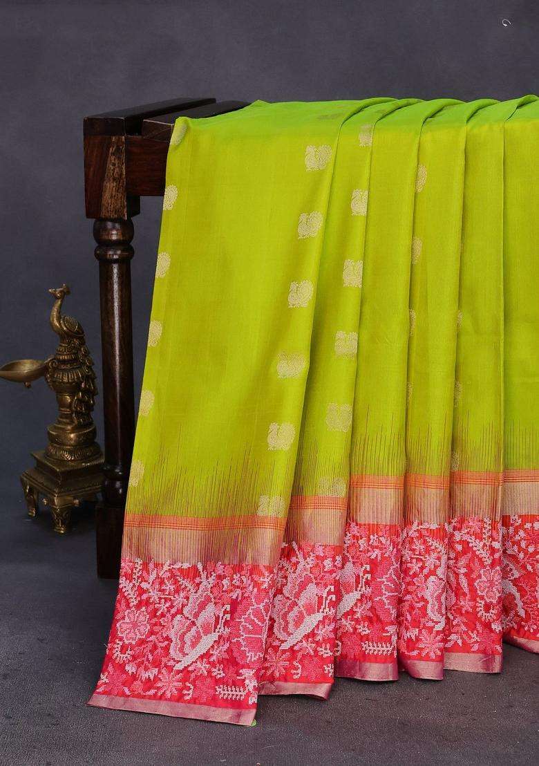 Pure Kanchipuram Silk Saree Lime Green And Dual Shade Of Pink With Annam Zari Woven Buttas And Embroidery Work Zari With Embroidered Design For Women - Indya