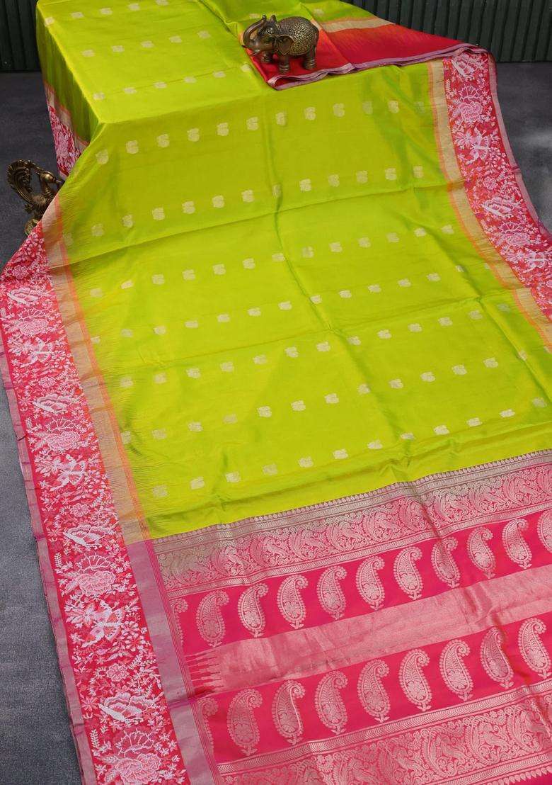 Pure Kanchipuram Silk Saree Lime Green And Dual Shade Of Pink With Annam Zari Woven Buttas And Embroidery Work Zari With Embroidered Design For Women - Indya