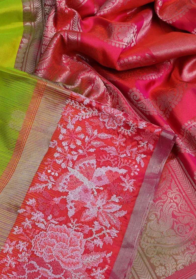 Pure Kanchipuram Silk Saree Lime Green And Dual Shade Of Pink With Annam Zari Woven Buttas And Embroidery Work Zari With Embroidered Design For Women - Indya