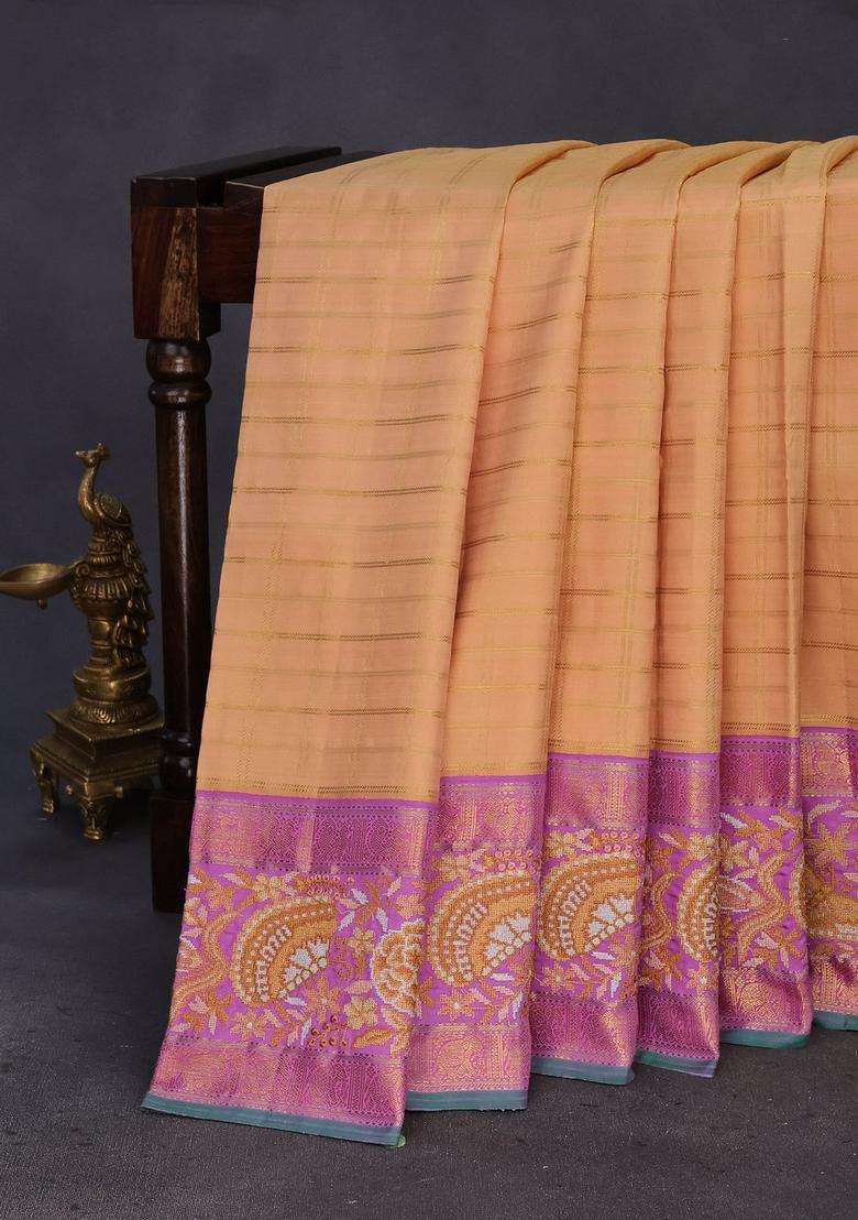 Pure Kanchipuram Silk Saree Sandal And Lavender Shade With Allover Zari Checked Pattern And Embroidery Work Zari With Embroidered Design For Women - Indya