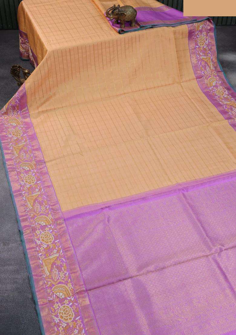 Pure Kanchipuram Silk Saree Sandal And Lavender Shade With Allover Zari Checked Pattern And Embroidery Work Zari With Embroidered Design For Women - Indya
