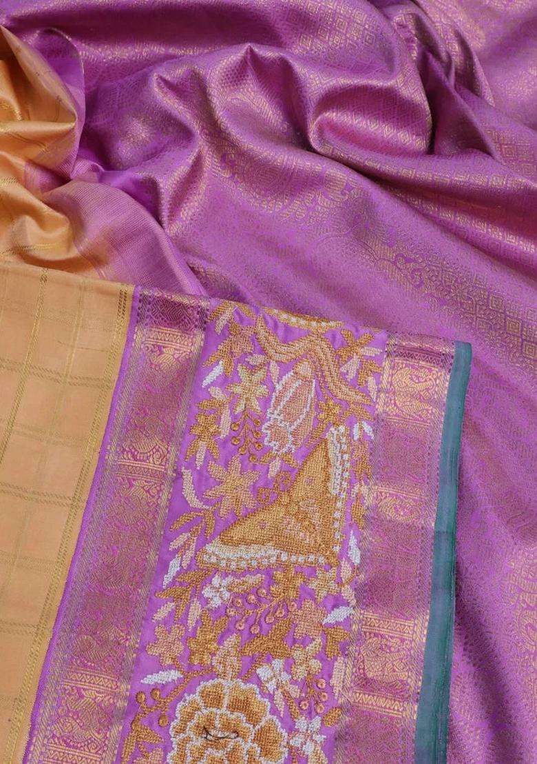 Pure Kanchipuram Silk Saree Sandal And Lavender Shade With Allover Zari Checked Pattern And Embroidery Work Zari With Embroidered Design For Women - Indya
