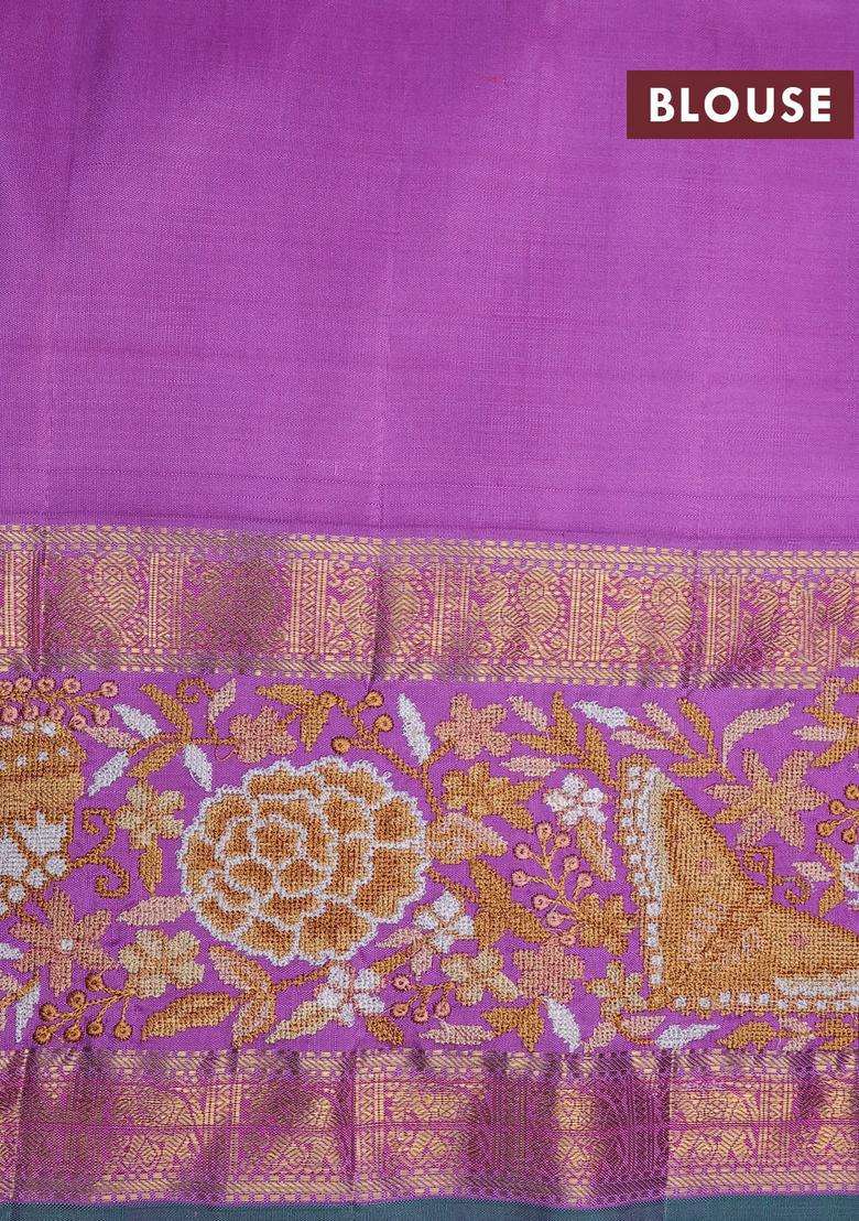 Pure Kanchipuram Silk Saree Sandal And Lavender Shade With Allover Zari Checked Pattern And Embroidery Work Zari With Embroidered Design For Women - Indya