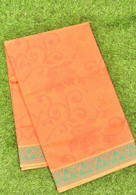 Coimbatore Cotton Orange Emboss Saree With Thread Woven Border With Traditional Woven Design For Women