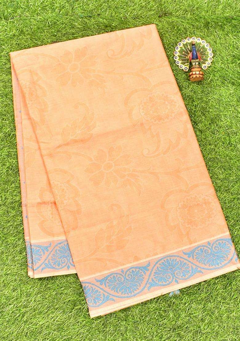 Coimbatore Cotton Light Orange Emboss Saree With Thread Woven Border With Traditional Woven Design For Women - Indya