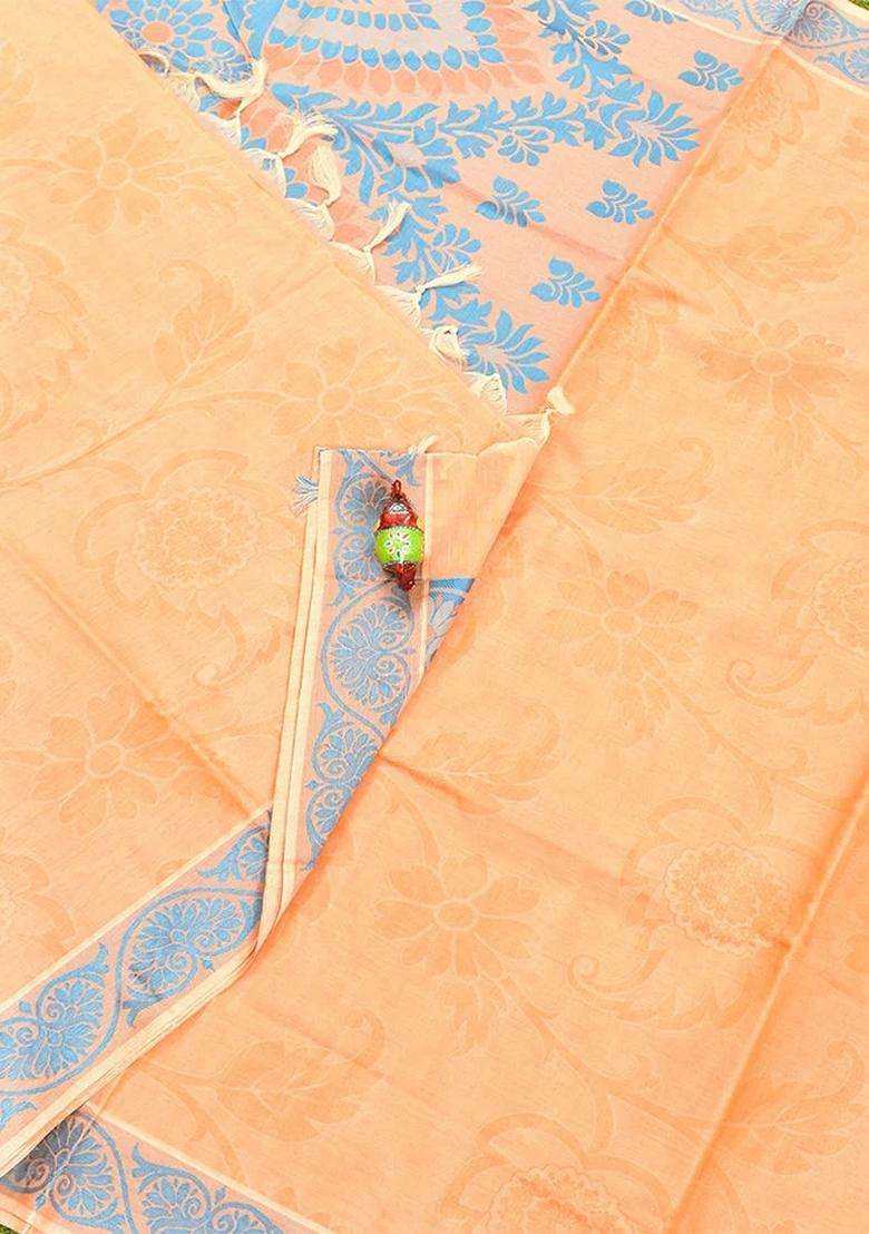 Coimbatore Cotton Light Orange Emboss Saree With Thread Woven Border With Traditional Woven Design For Women - Indya