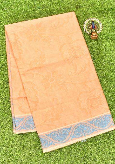 Coimbatore Cotton Light Orange Emboss Saree With Thread Woven Border With Traditional Woven Design For Women