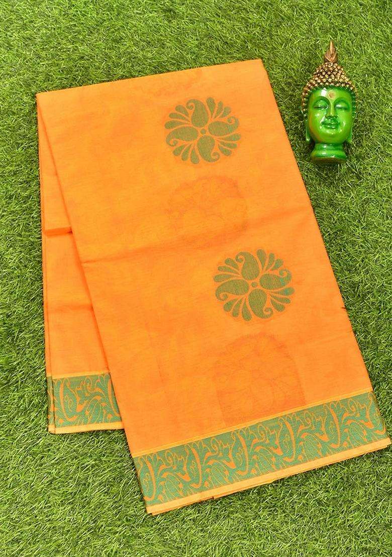 Coimbatore Cotton Orange Butta Saree With Thread Woven Border With Buttas And Brocade Design For Women - Indya