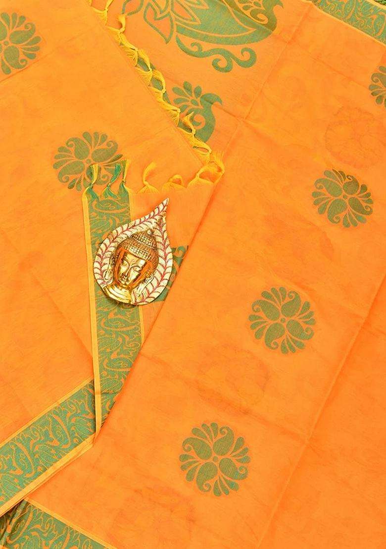 Coimbatore Cotton Orange Butta Saree With Thread Woven Border With Buttas And Brocade Design For Women - Indya