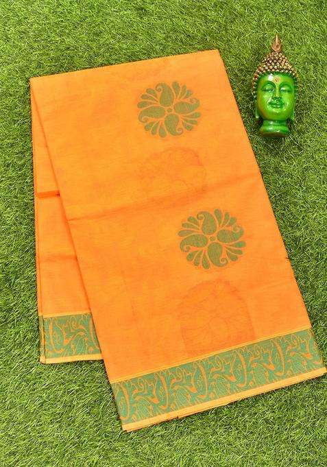 Coimbatore Cotton Orange Butta Saree With Thread Woven Border With Buttas And Brocade Design For Women