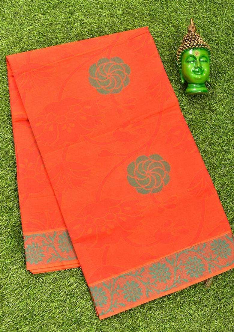 Coimbatore Cotton Dark Orange Butta Saree With Thread Woven Border With Buttas And Brocade Design For Women - Indya