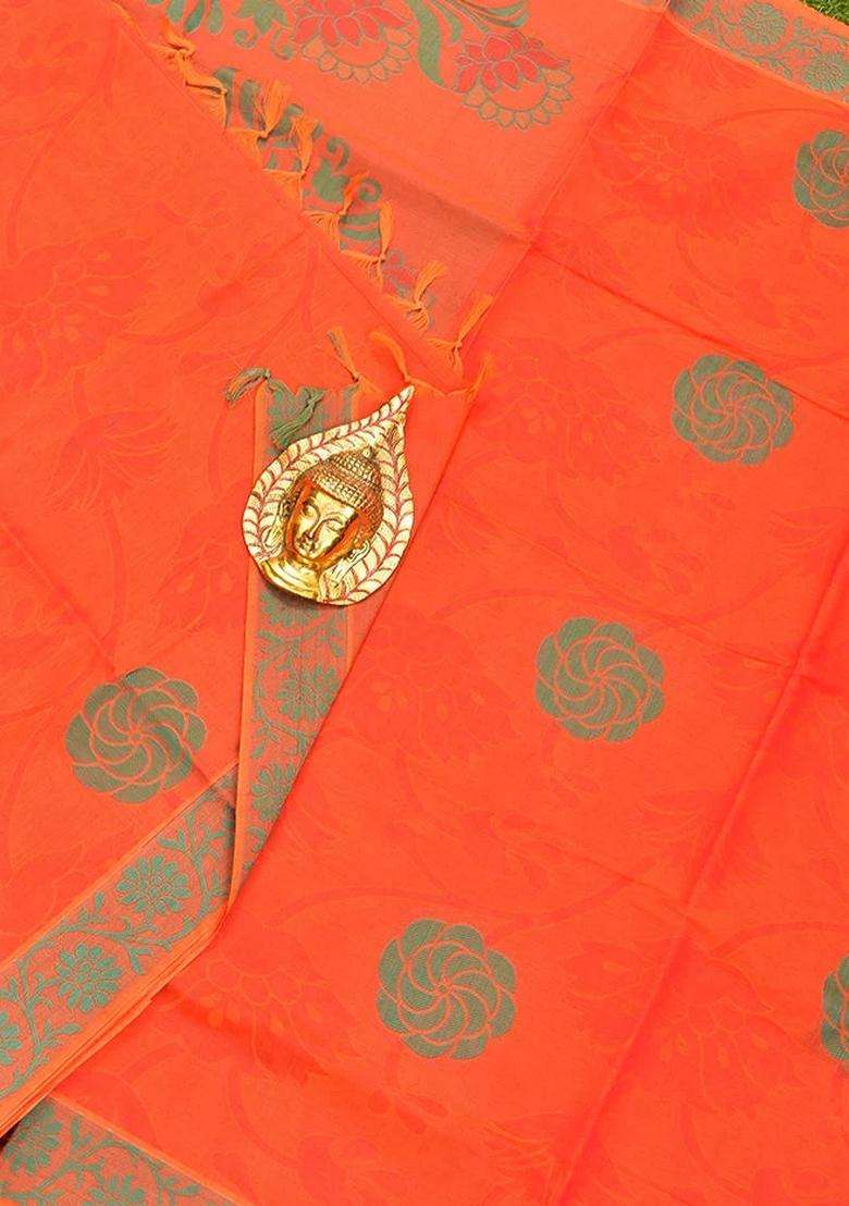 Coimbatore Cotton Dark Orange Butta Saree With Thread Woven Border With Buttas And Brocade Design For Women - Indya
