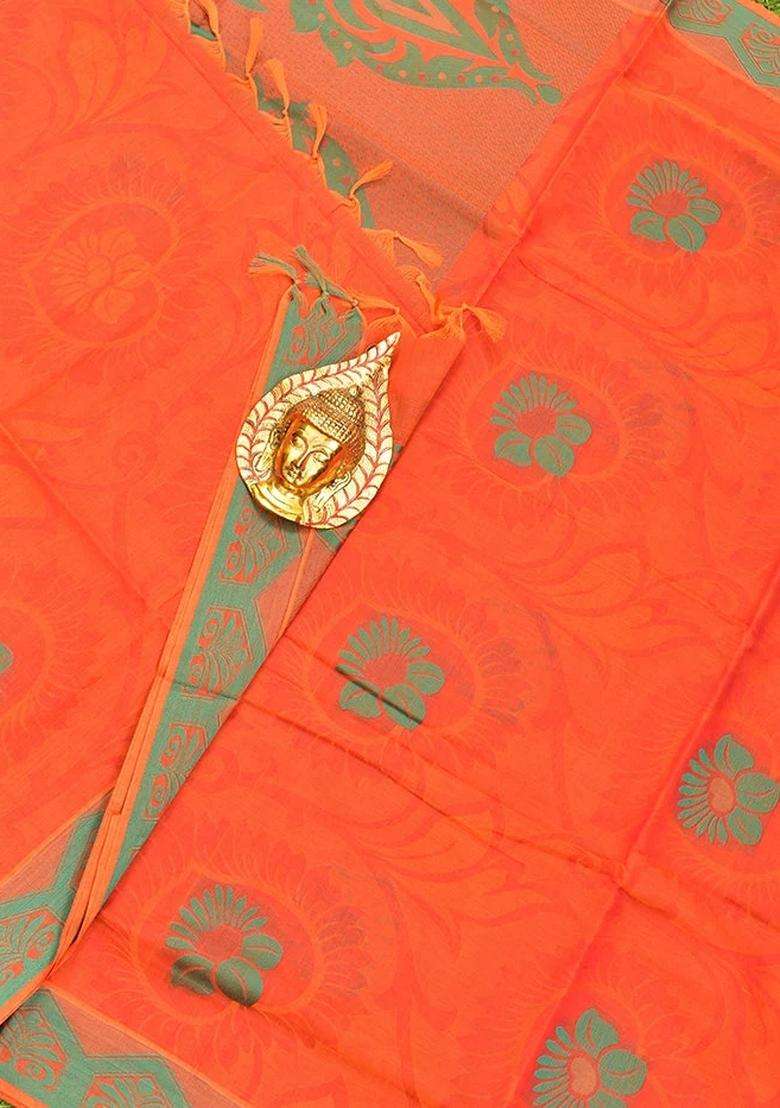 Coimbatore Cotton Orange Butta Saree With Thread Woven Border With Buttas And Brocade Design For Women - Indya