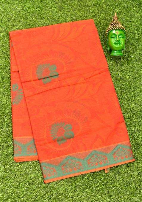 Coimbatore Cotton Orange Butta Saree With Thread Woven Border With Buttas And Brocade Design For Women