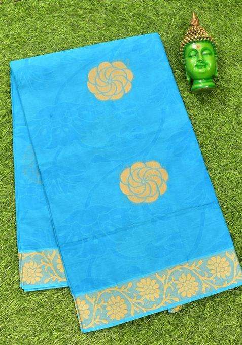 Coimbatore Cotton Blue Butta Saree With Thread Woven Border With Buttas And Brocade Design For Women