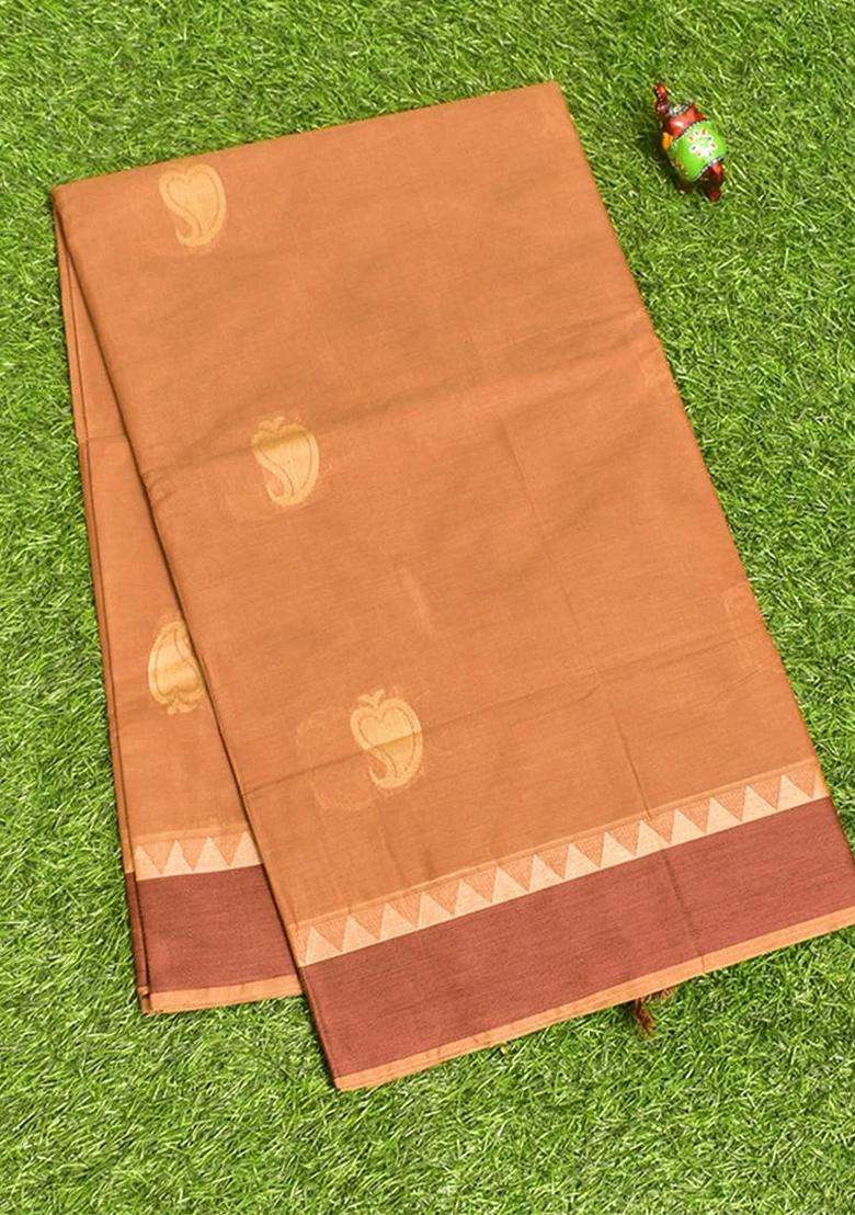 Coimbatore Cotton Brown Butta Saree With Plain Border With Buttas And Brocade Design For Women - Indya