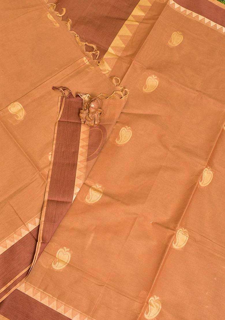 Coimbatore Cotton Brown Butta Saree With Plain Border With Buttas And Brocade Design For Women - Indya