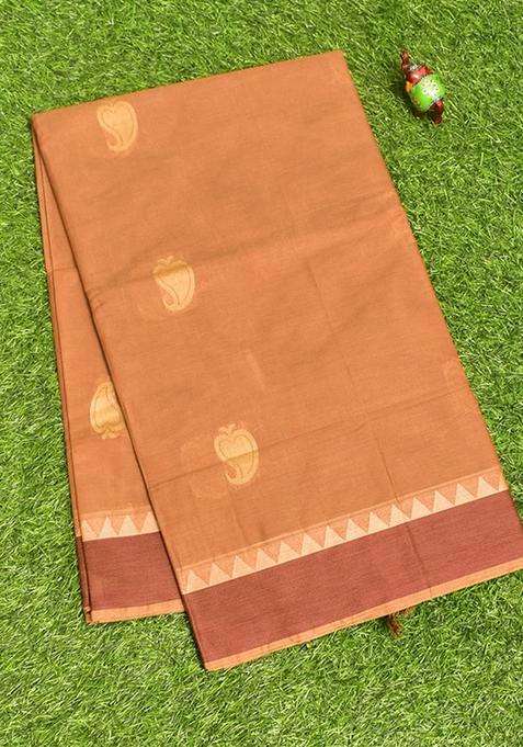 Coimbatore Cotton Brown Butta Saree With Plain Border With Buttas And Brocade Design For Women