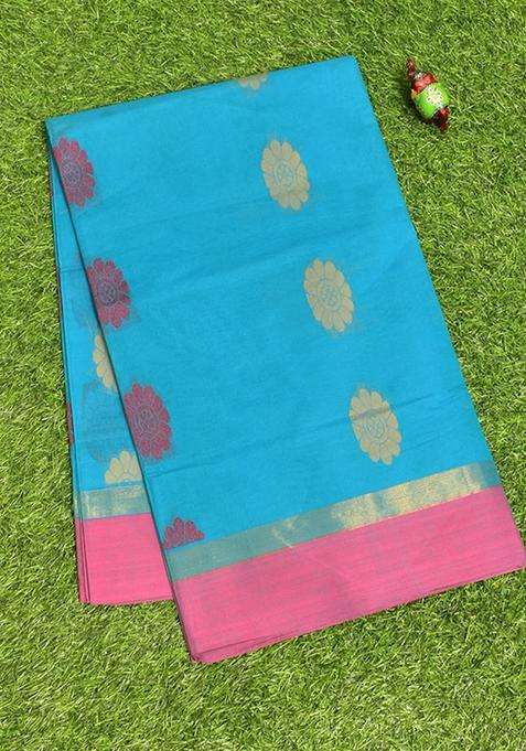 Coimbatore Cotton Blue Butta Saree With Plain Border With Buttas And Brocade Design For Women