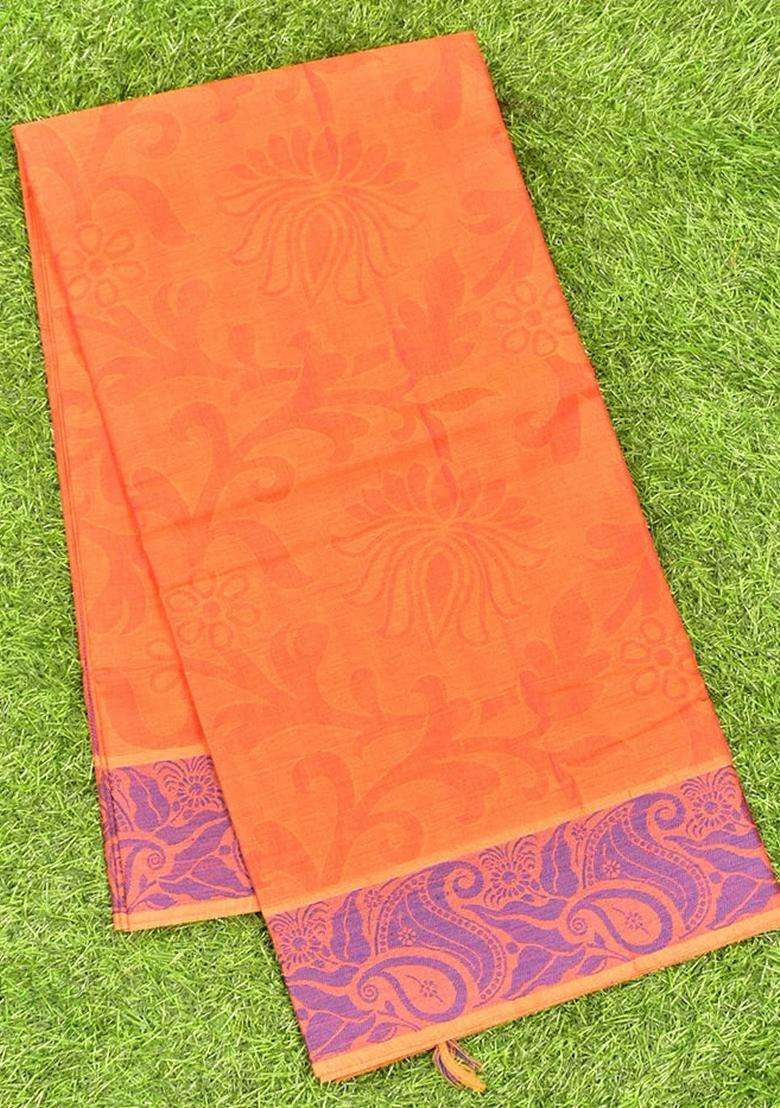 Coimbatore Cotton Orange Emboss Saree With Thread Woven Border With Traditional Woven Design For Women - Indya